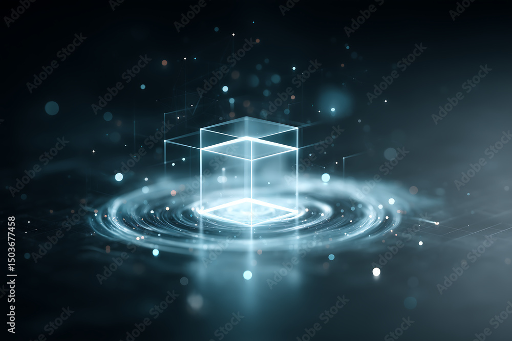 Poster futuristic ai environment rendered in cool blue tones featuring a digital cube and glowing particles