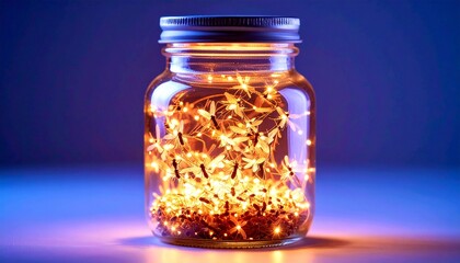 A glass jar filled with glowing fireflies, with a soft golden glow emanating from ins