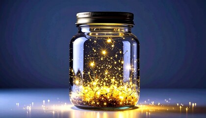 A glass jar filled with glowing fireflies, with a soft golden glow emanating from ins