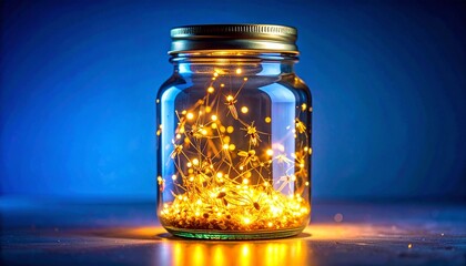 A glass jar filled with glowing fireflies, with a soft golden glow emanating from ins