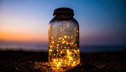 A glass jar filled with glowing fireflies, with a soft golden glow emanating from ins