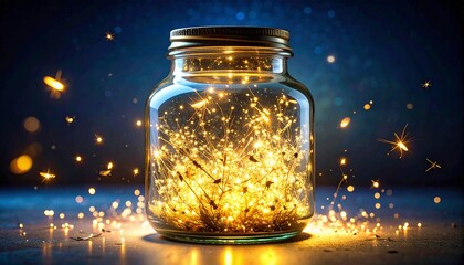 A glass jar filled with glowing fireflies, with a soft golden glow emanating from ins