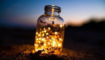 A glass jar filled with glowing fireflies, with a soft golden glow emanating from ins
