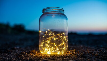 A glass jar filled with glowing fireflies, with a soft golden glow emanating from ins