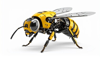 A highly detailed robotic bee constructed with numerous intricate mechanical componen