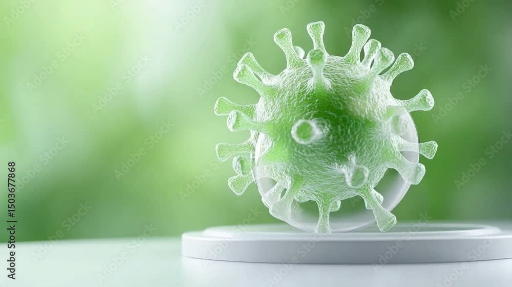 Poster Microscopic Virus Particle: A detailed close-up of a virus particle, showcasing its complex structure and spiky surface. The virus rests on a small.