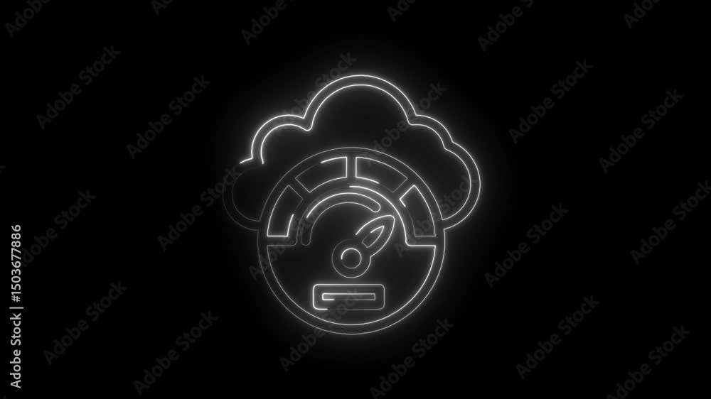 Poster glowing neon cloud computing performance gauge icon animation on black background