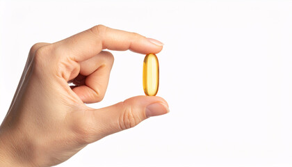 Essential Nutrient: A close-up shot of a hand delicately holding a vibrant, yellow capsule, suggesting wellness and a healthy lifestyle.