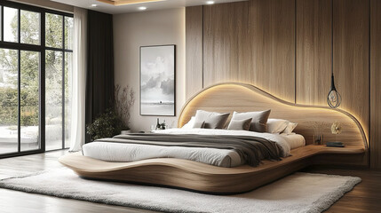 serene bedroom featuring minimalist design with unique wooden bed frame and soft lighting