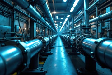 Obraz premium Industrial Piping System A Close-Up View of Metal Conduits and Flanges in a Modern Facility