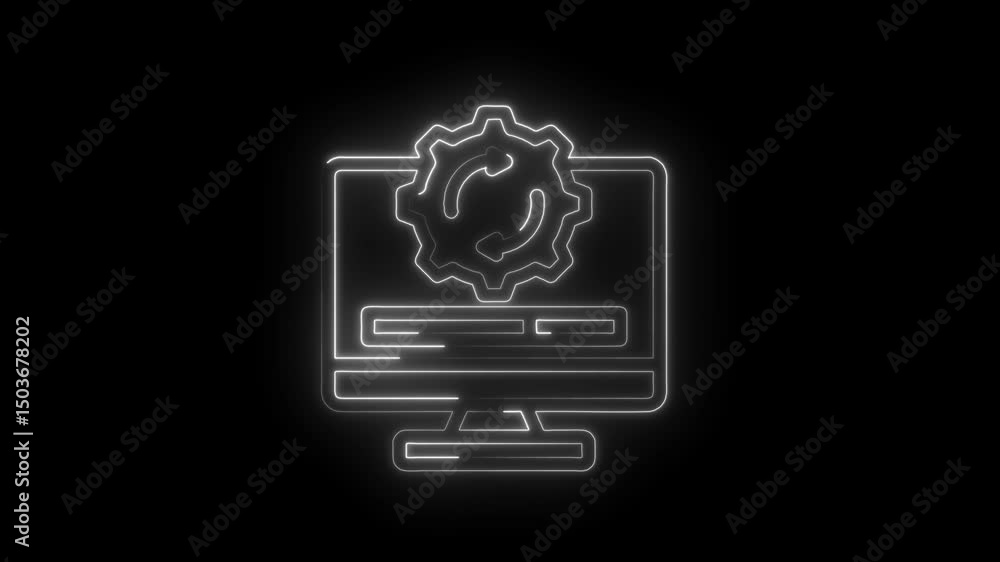 Poster computer system optimization neon icon animation on black background for tech and business solutions