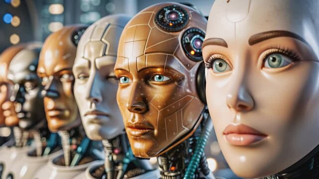 A row of futuristic robot heads, each with intricate details and varying skin tones.Close-up view of the expressive faces of advanced robotic figures.

