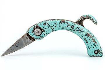 A turquoise, distressed utility knife with a metal handle.