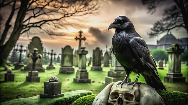 A striking black raven perches atop a weathered skull in an atmospheric cemetery at dusk, with ancient gravestones and a dramatic sky setting a gothic, mystical mood.
