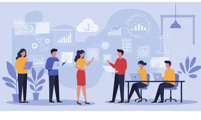 Modern Business Team Collaboration with Technology and Data Visualization in Office Workspace - Flat Vector Illustration