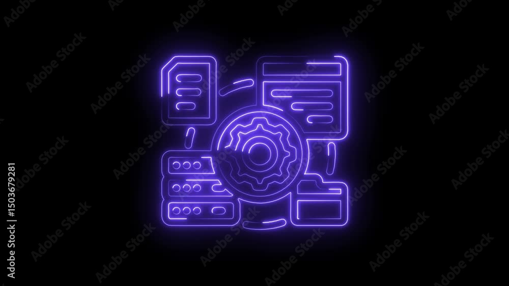 Poster neon style server data management with gear integration on black background for technology concept