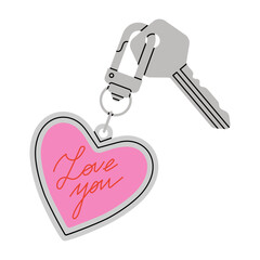 Cute vector illustration with a key and a metal heart-shaped keychain engraved with the sweet message “Love You”. Perfect for Valentine's Day, anniversaries, wedding, logo design , greeting cards.