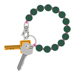 Illustration of keys and beaded bracelet keychain with a carabiner clip. Can be used for promotion, souvenir or fashion accessories shop designs. Vector illustration isolated on white background.