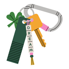 Illustration of key with keychains and a carabiner clip. Perfect for creating real estate and mortgage advertising and inspiring lifestyle concepts. Vector illustration isolated on white background.