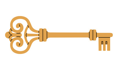 Vector illustration of golden antique key, isolated on white background. Can be used in interior design concepts, event invitations, cards design, logo creations, travel brochures etc.