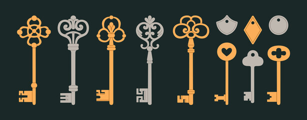 Collection of intricately designed antique keys. Ideal for interior design concepts, event invitations, logo creations, travel brochures, treasure hunt games etc. Vector illustration.
