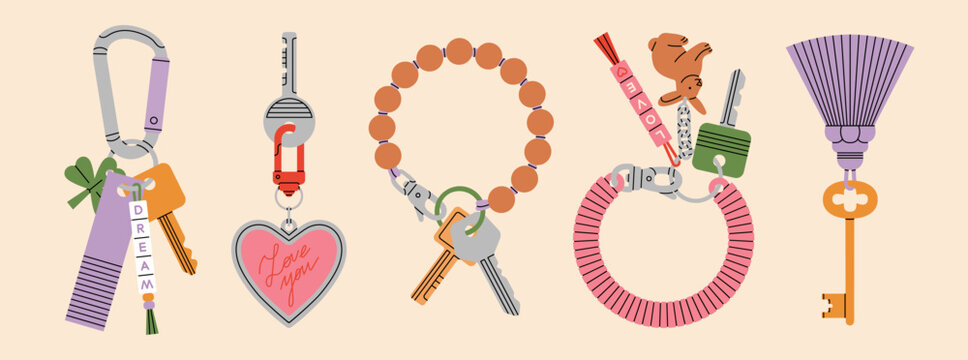 Set of various trendy keychains with beaded bracelet, carabiner clip, heart-shaped form, tassel, antique design and more . Perfect for inspiring lifestyle concepts. Vector illustration.