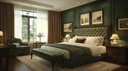 Luxurious green and brown bedroom with elegant decor and natural light