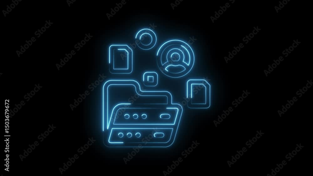 Poster glowing neon style data storage and sharing animation on dark background for technology
