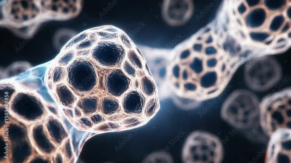 Poster detailed close-up view of microscopic cells with complex structures and vibrant colors in a scientif