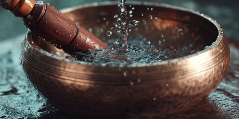Close-Up of Copper Singing Bowl with Water Splash and Wooden Striker for Meditation and Sound Therapy
