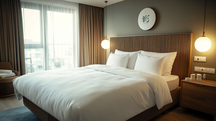 cozy hotel bedroom featuring comfortable bed with felt headboard, inviting ambiance