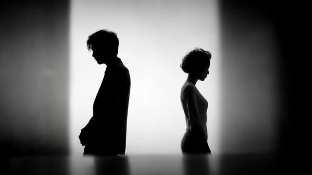 Silhouette of a man and woman separated, standing in opposite directions against a bright backdrop, conveying disconnection or relationship breakdown.
