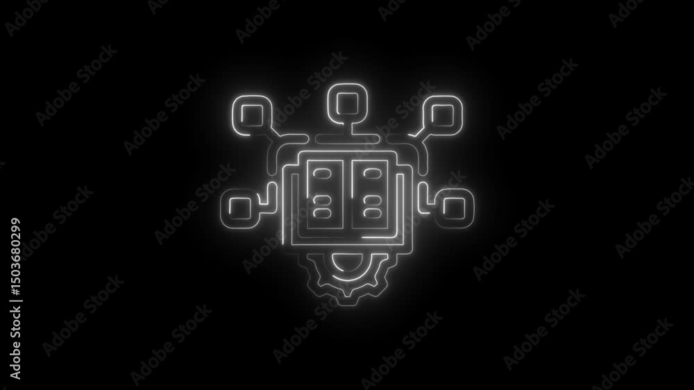 Poster glowing neon data server network connectivity with cyber security gear on black background