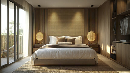 Cozy hotel bedroom with natural wood accents and soft lighting creates serene atmosphere