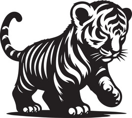 black and white baby tiger, baby tiger silhouette vector icon