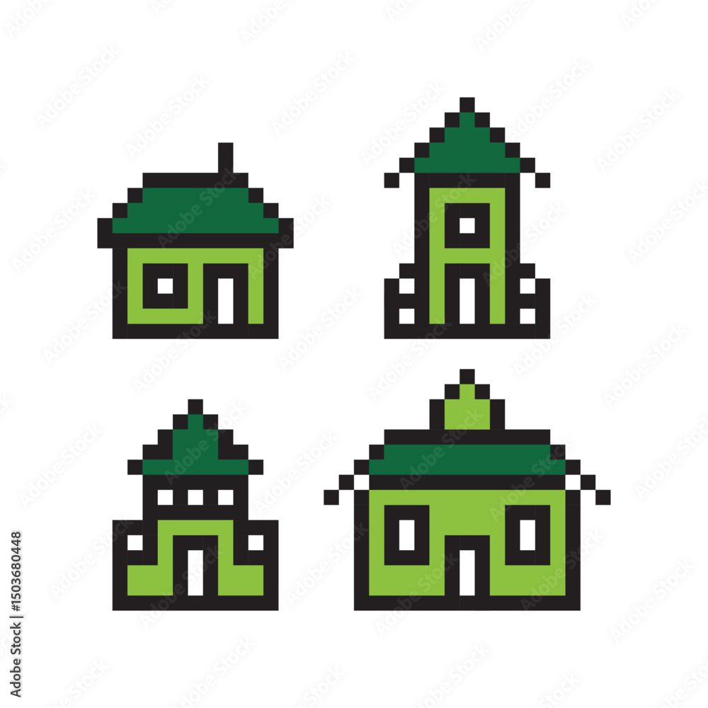 Poster simple pixelated green house icon set building architecture element