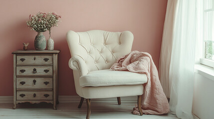Cozy vintage armchair with soft blanket in serene interior setting