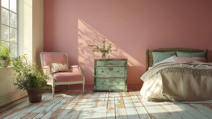 Cozy bedroom with vintage armchair and chest, featuring soft light and plants