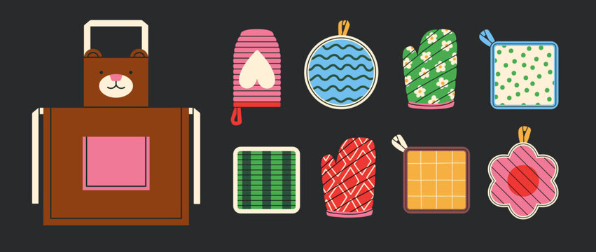 Set with potholders and an apron. For kitchen-themed designs, cookbook and advertising materials, cooking blogs and prints. Quilted fabric, different shapes and patterns. Vector illustration. 
