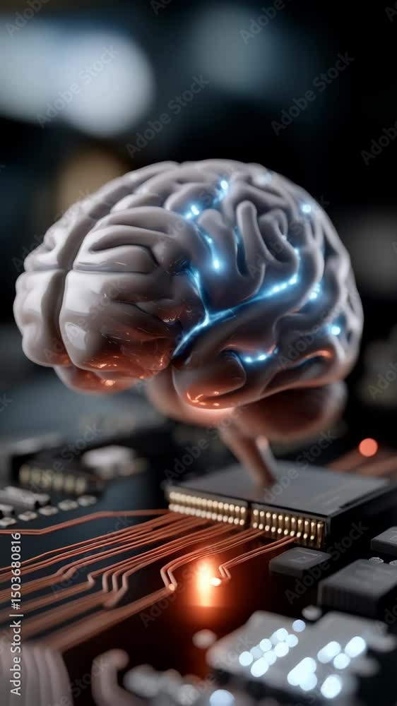 Poster artificial intelligence brain with glowing connections on circuit board technology concept