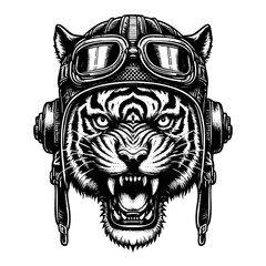 Tiger wears retro pilot helmet engraving black and white outline. Scratch board imitation. illustrated in vintage line art style on a white background.
