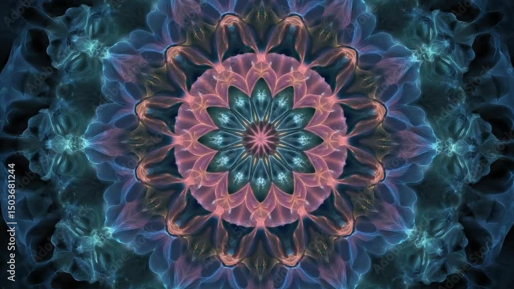 Poster mesmerizing abstract flower pattern with vibrant colors and ethereal effects in symmetrical design