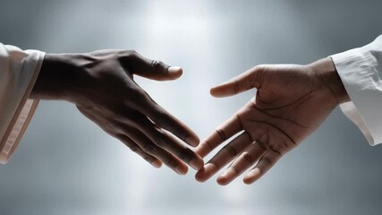 Two people of different ethnicities reaching out to shake hands in unity and understanding, representing diversity and global partnership in collaboration. - Powered by Adobe