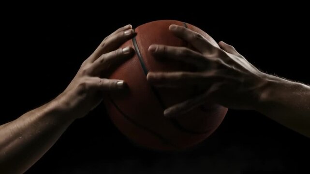 Cinematic animation of basketball player's hands holding ball in dramatic lighting before tip-off moment