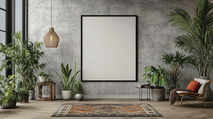 modern interior featuring blank frame, plants, and cozy atmosphere
