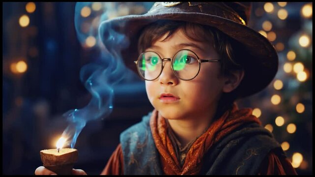 A young boy, dressed in wizard's attire, holds a candle that emits magical blue sparks.Close-up of a child in a wizard's hat and glasses, with a soft glow emanating from a candle in his hand.

