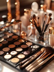 On the makeup table, exquisite cosmetics are neatly arranged
