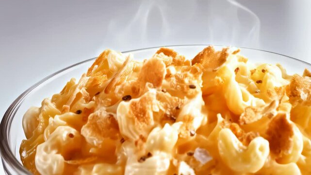 A delectable bowl of creamy macaroni and cheese topped with golden crunchy breadcrumbs sits on a clean white surface.