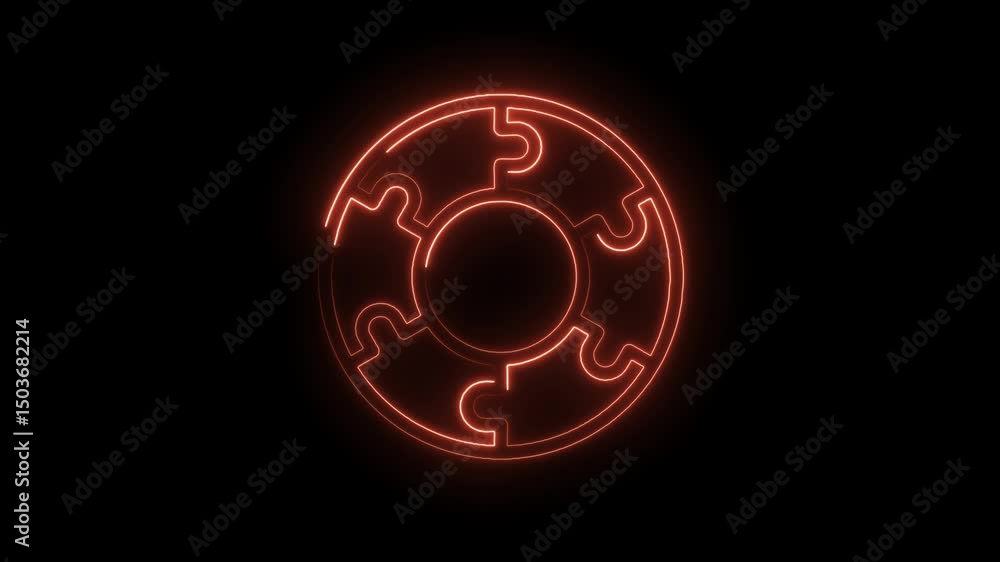 Poster neon puzzle wheel animation revealing teamwork unity and problem solving with glowing orange lines