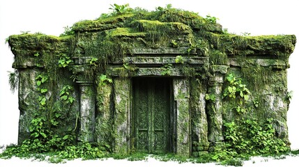 Overgrown stone edifice, moss-covered, with a central doorway flanked by weathered columns, vines and lush vegetation obscuring the structure's details against a white background